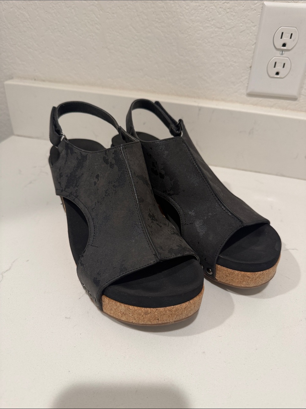 Women's Black Cork Wedge Sandals - Open Toe Slingback